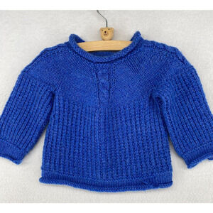 Hand Knit Sweater Baby Cable Ribbed Roll Neck Pullover Blue